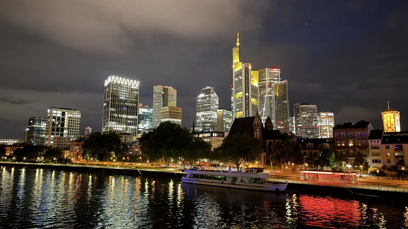 The Frankfurt skyline at night from the river Main